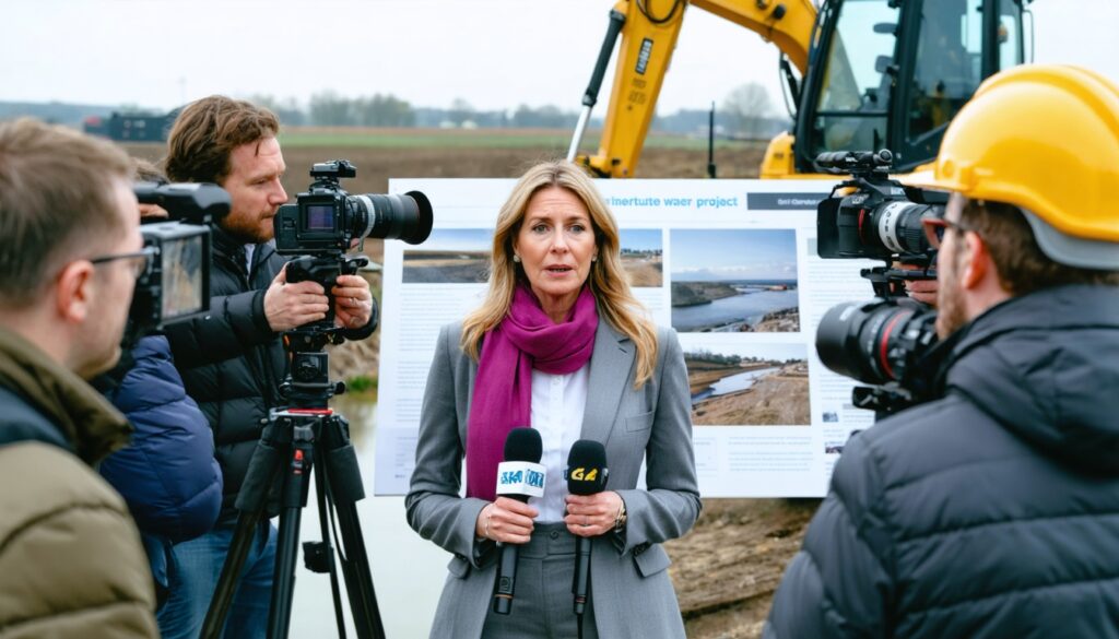 Communicatieadviseur geeft toelichting aan journalisten met camera’s en microfoons bij een buitenlocatie