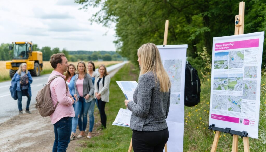 Omgevingsmanager spreekt buiten met omwonenden bij een infrastructuurproject met kaarten op een mobiele infostand