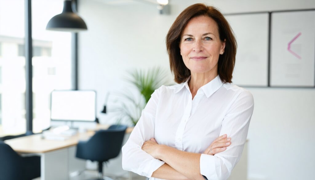 Professioneel portret van een zelfstandige communicatieadviseur in een lichte kantooromgeving