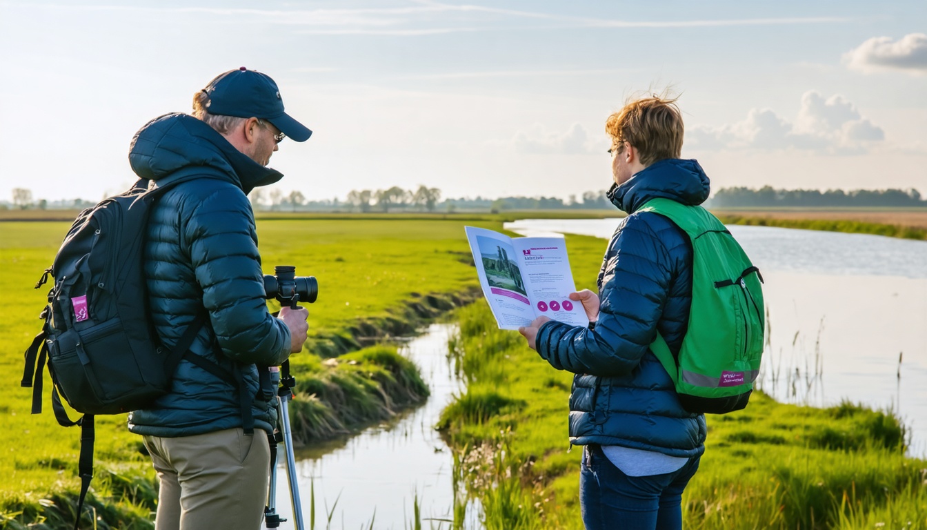 Communicatieadviseur en ecologen bekijken natuurontwikkelingsproject in een groen polderlandschap