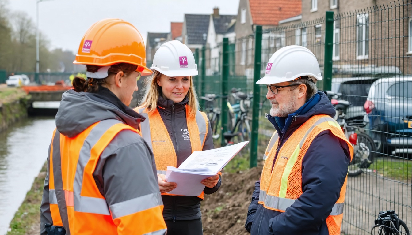 Omgevingsmanager overlegt met omwonenden langs een bouwterrein met watergang