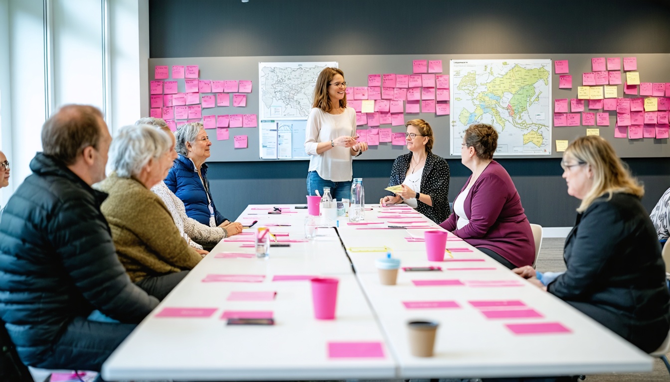 Bewonersparticipatiebijeenkomst met interactieve sessie en post-its op de muur